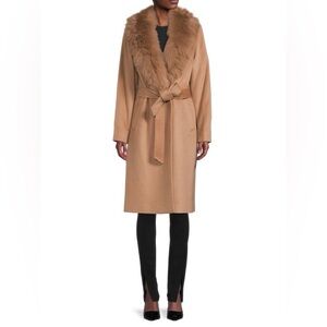 Sofia Cashmere Belted‎ Genuine Shearling Trim Coat NWT 14